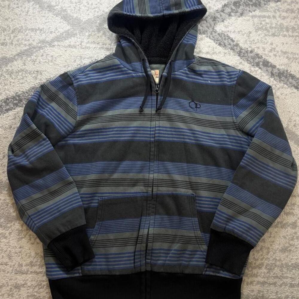 Y2K Ocean Pacific OP Blue black grey Striped Zip Up Hoodie Sherpa Surf Medium